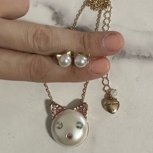 Betsey Johnson Cat Head Necklace & Earrings